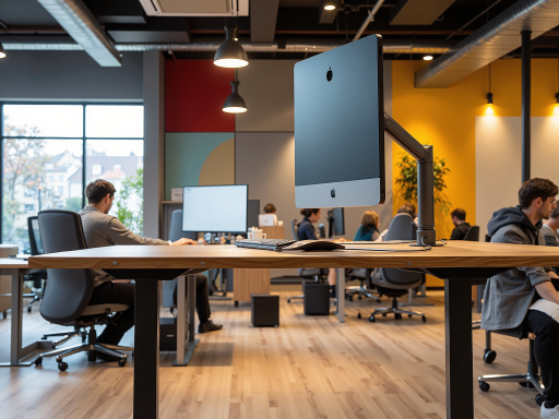 Modern office workspace, diverse team members working together, professional environment