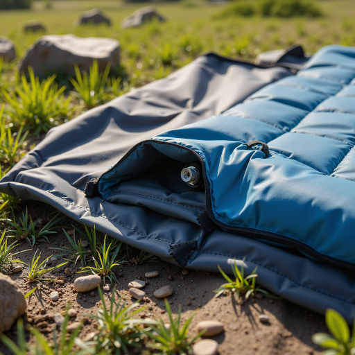 Camping air mattress inflated on grass, blue color, outdoor camping scene