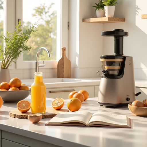 Juicer machine with orange juice, stainless steel body, kitchen counter background