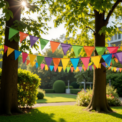 Sun shade sail stretched between trees, colorful fabric, outdoor garden setting