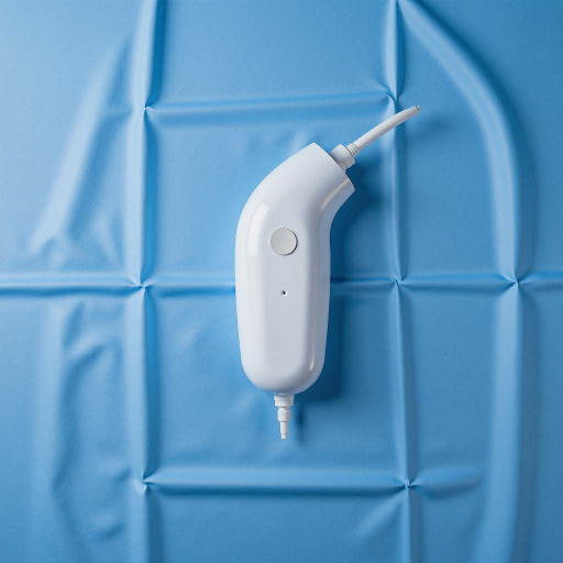 Water flosser device with blue background, modern design, white plastic material
